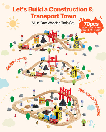 VEVOR 70PCS Wooden Train Set, with Magnetic Crane, Wood Train Track Toy for Kids Ages 3-8, Construction Crane Railway Set, Compatible with Major