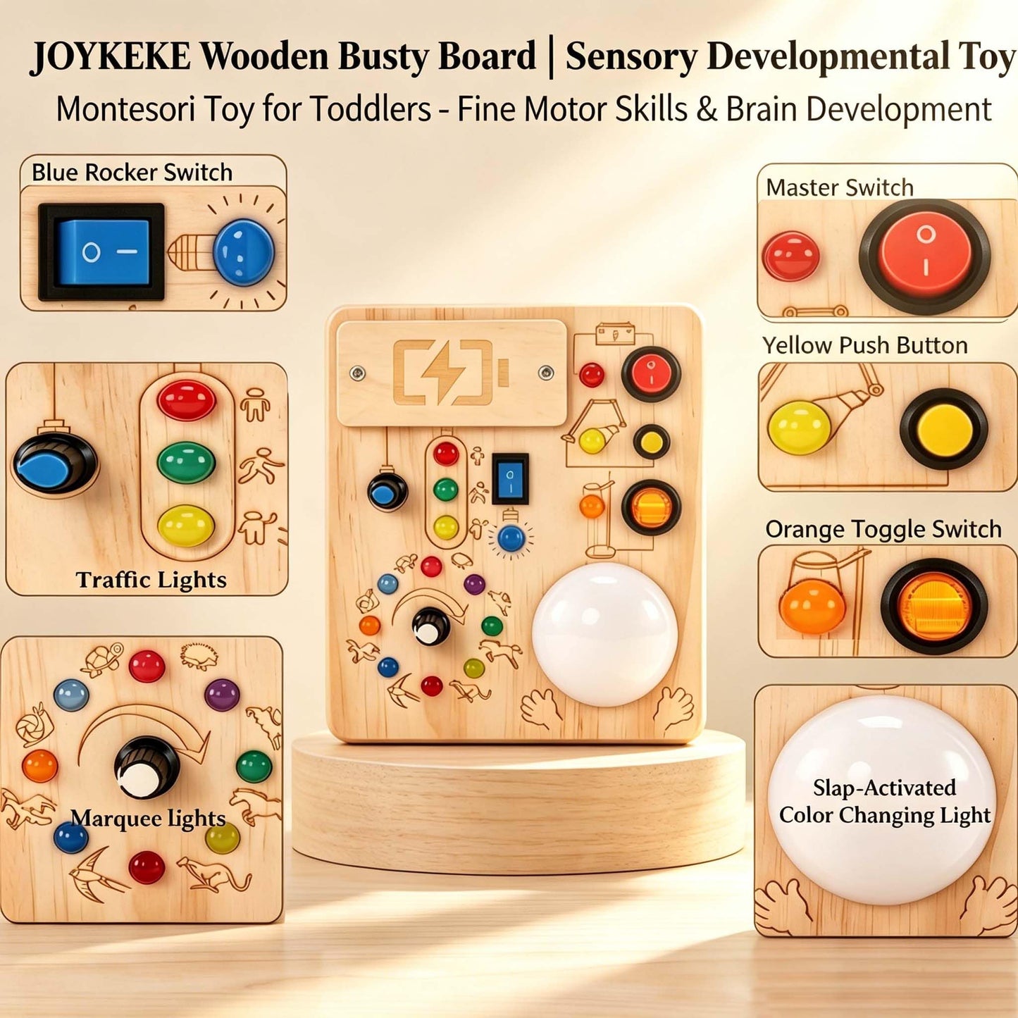 JOYKEKE Montessori Busy Board, Slap-Activated LED Toy for 1-4 Toddlers