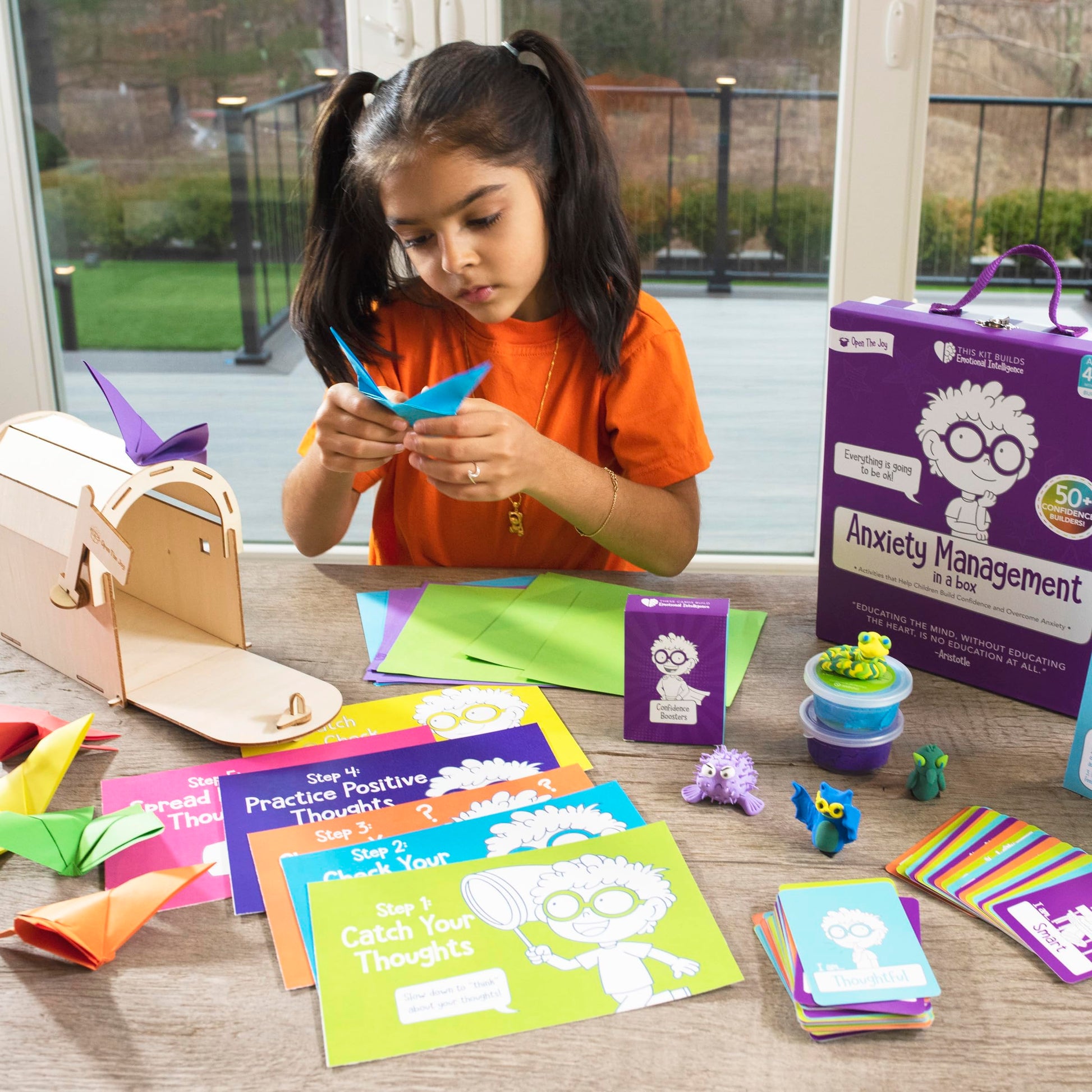 Open The Joy Anxiety Management Box for Kids - DIY Wooden Mailbox, Air-Dry Clay Kit, Origami Crafts, Confidence Cards, and Emotional Learning