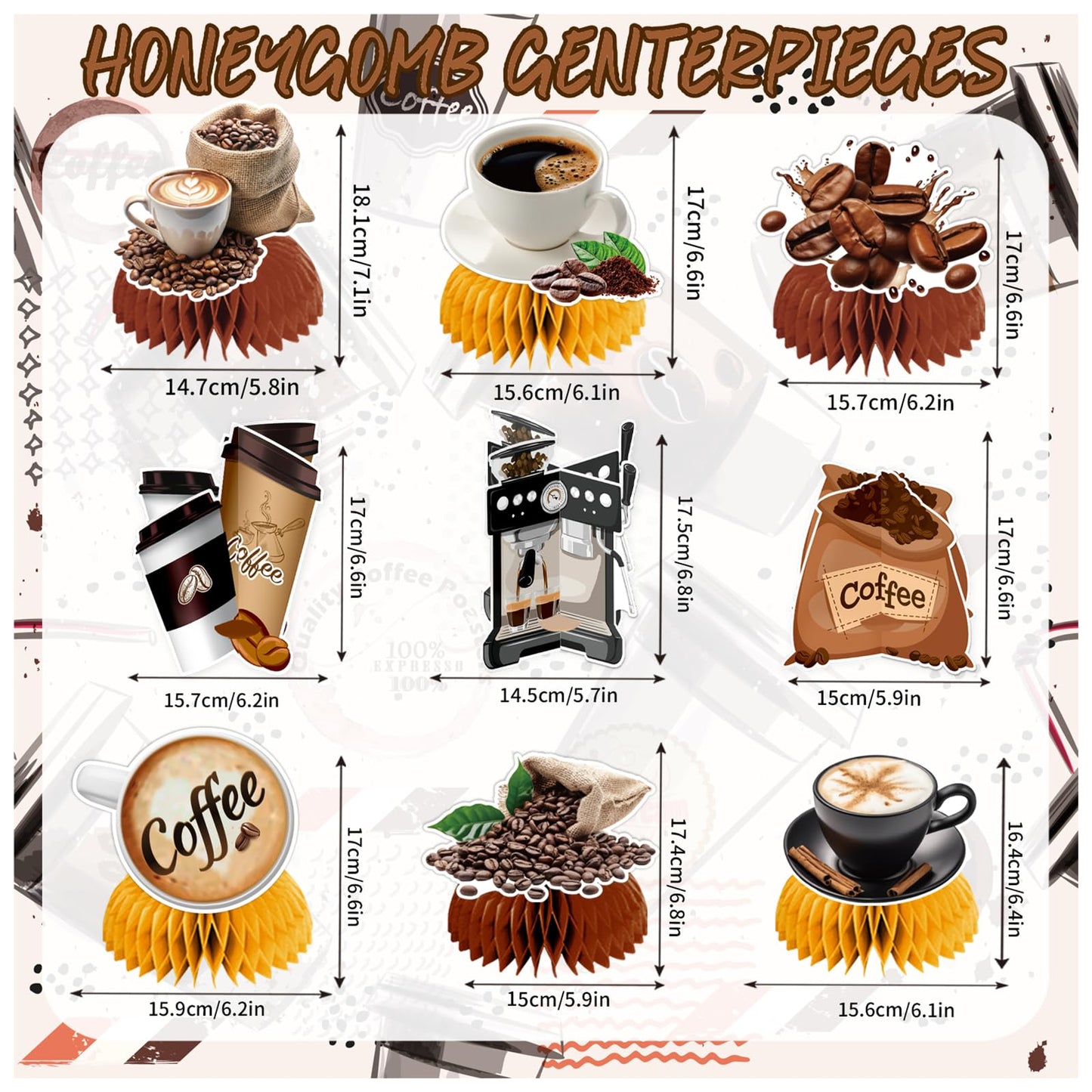 9 PCS Coffee Honeycomb Centerpieces Coffee Table Decorations Table Topper for Coffee Party Decorations Coffeehouse Birthday Party Supplies