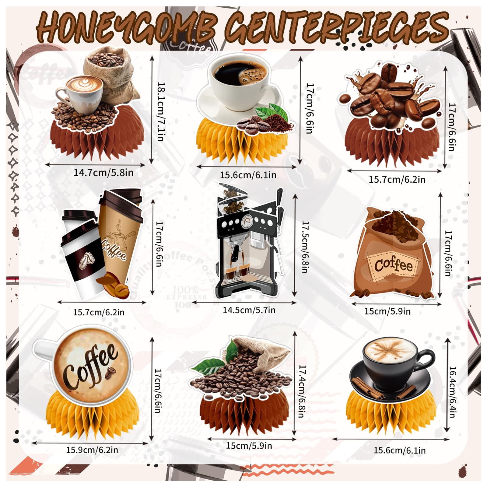 9 PCS Coffee Honeycomb Centerpieces Coffee Table Decorations Table Topper for Coffee Party Decorations Coffeehouse Birthday Party Supplies