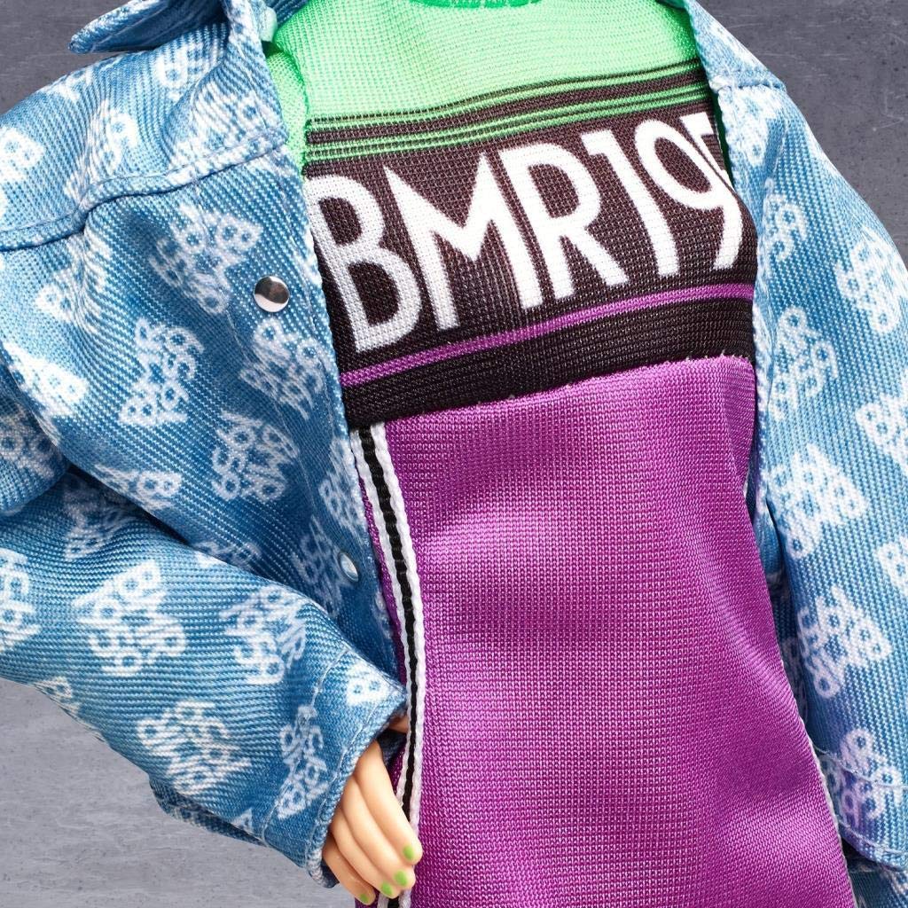 Barbie BMR1959 Fully Poseable Fashion Doll, Brunette, in Neon Motocross Dress, Denim Jacket and Beret, with Accessories and Doll Stand