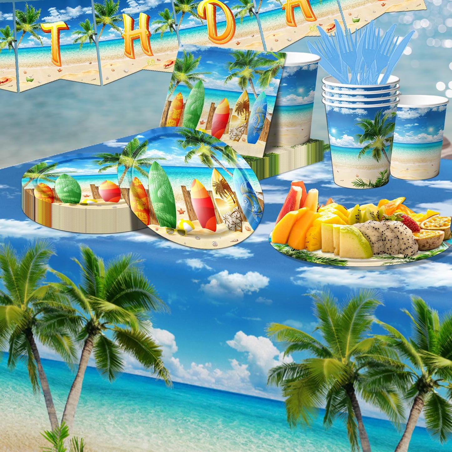 Beach Birthday Party Decorations, 142PCS Beach Party Paper Plates Napkins Tablecloth for Summer Tropical Hawaiian Party Decorations