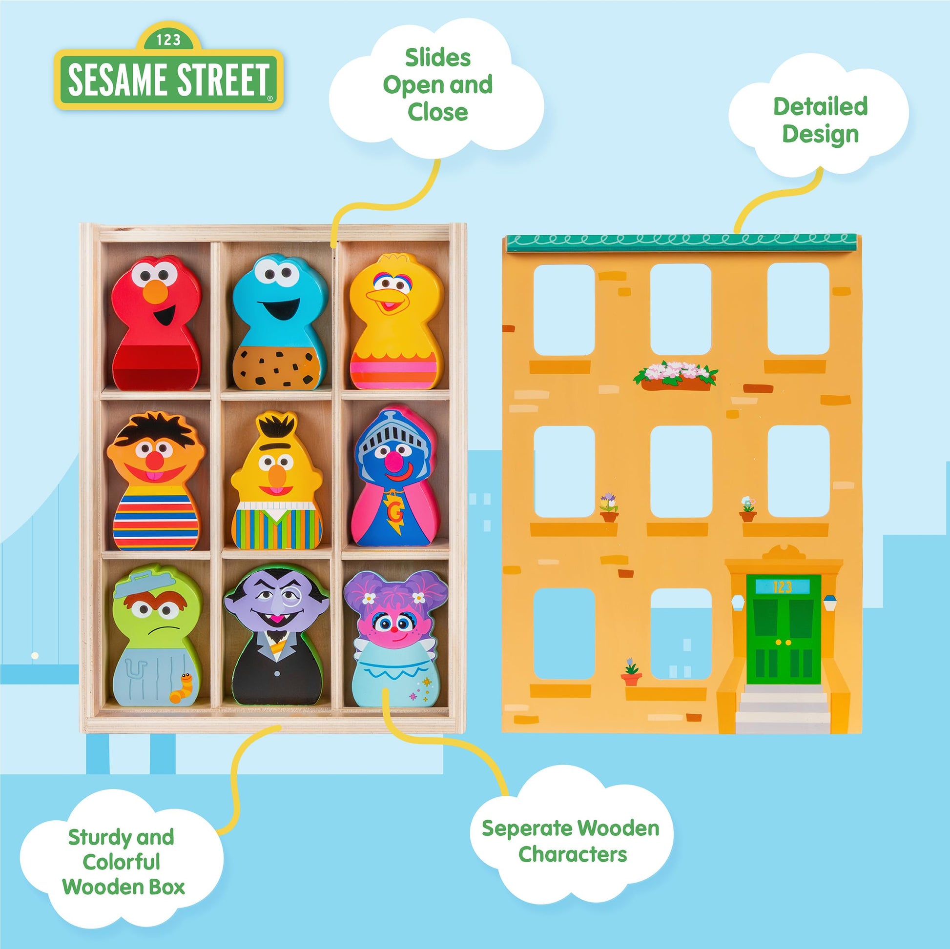 Kids Preferred Sesame Street Wooden Neighborhood Block Set with Storage Case, Toddler Sorting and Matching Blocks