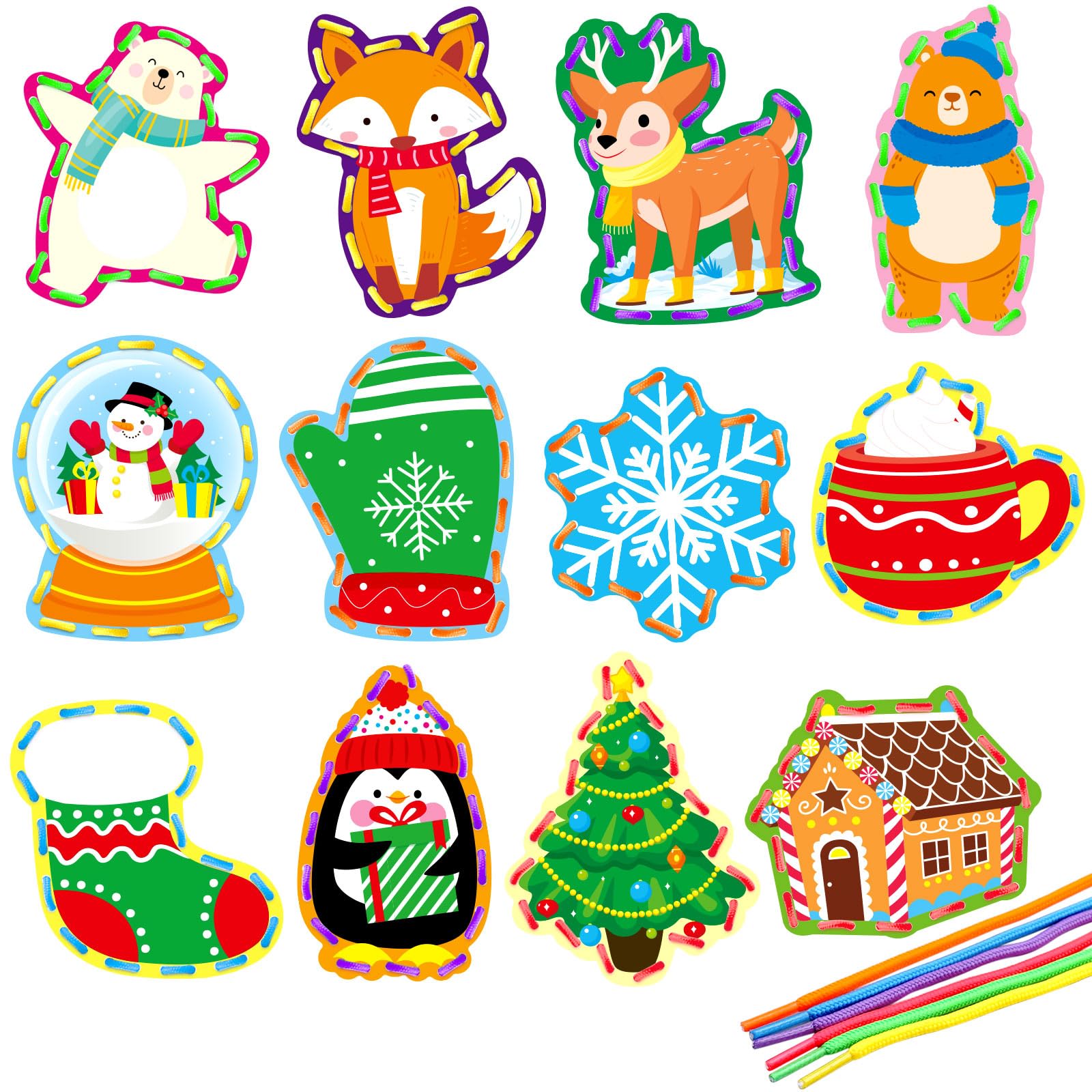 Winter Animal Lacing Cards 12 Packs Sewing Kits for Kids Christmas Cardboard Sewing Cards Lacing Games for Developing Imagination School Learning