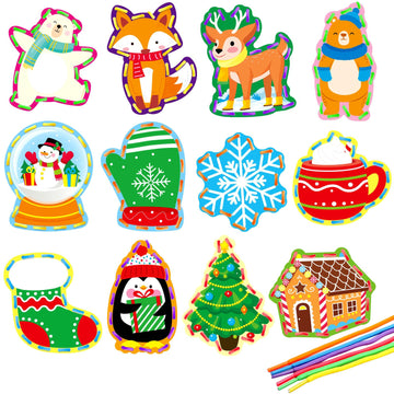 Winter Animal Lacing Cards 12 Packs Sewing Kits for Kids Christmas Cardboard Sewing Cards Lacing Games for Developing Imagination School Learning