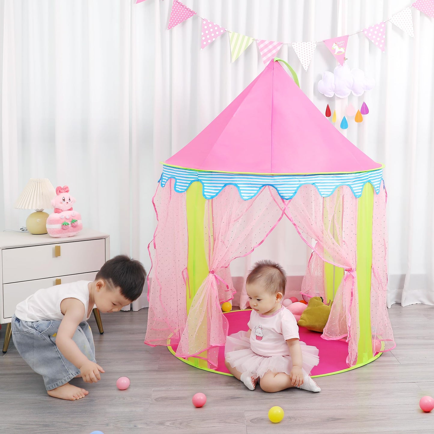 Kids Princess Tent & Lights, Children Play House Toy, 41" x 53", Pink