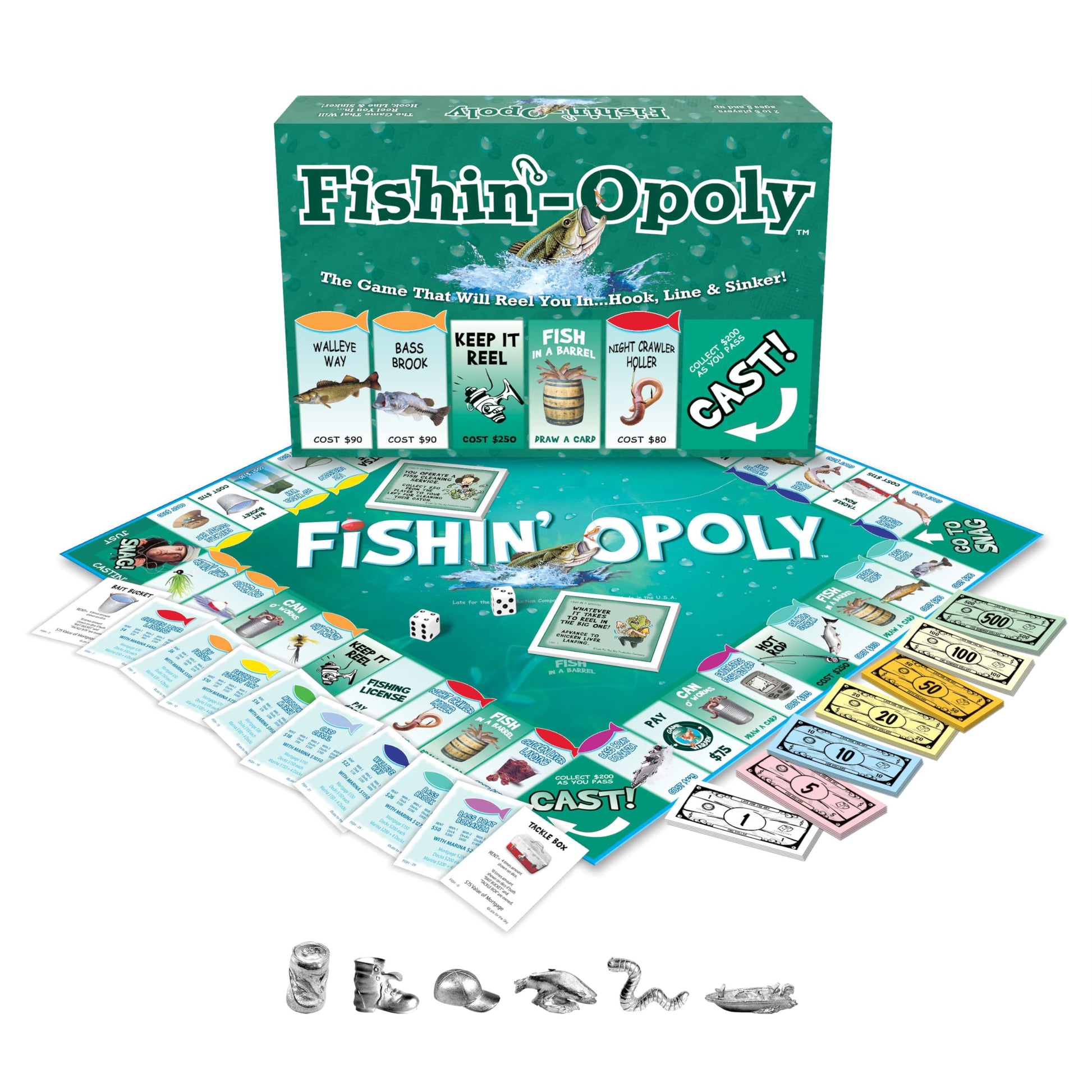 Late for the Sky Fishin'-Opoly Fishing Board Game for Families, 2-6 Players, Ages 8+, Funny Property Trading Strategy Game, Great Gift for Anglers