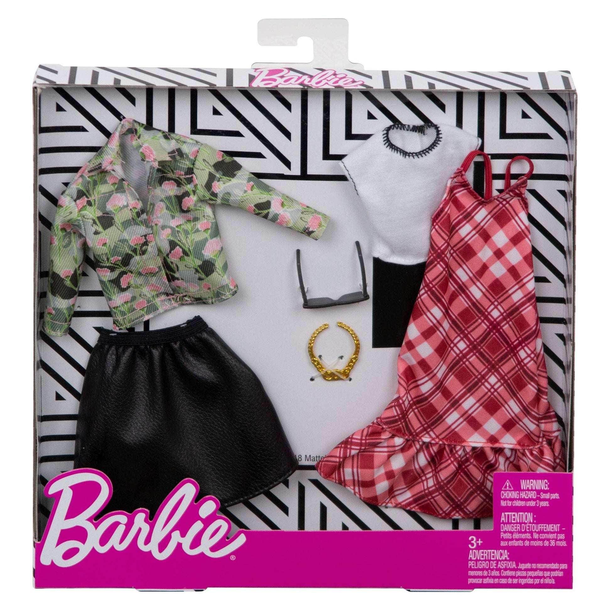 Barbie Clothes - 2 Outfits Doll Include Floral Denim Jacket and Leathery Black Skirt, Gift for 3 to 8 Year Olds