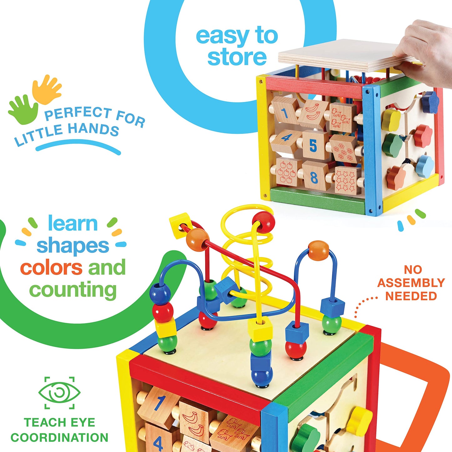 Play22 Wooden Activity Cube for Baby - 6 in-1 Baby Activity Play Cube with Bead Maze, Shape Sorter, Abacus Counting Beads, Counting Numbers, Sliding