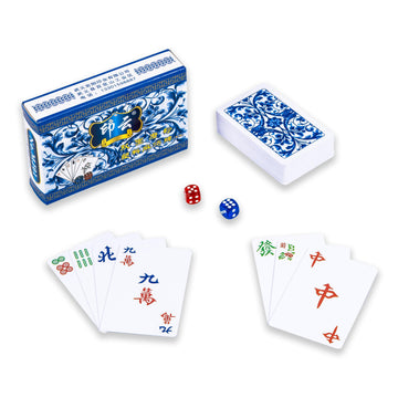 drizzle Poker Mahjong Playing Cards Table Game Chinese Blue and White Porcelain Design 144 Card Chips Set PVC Plastic Waterproof Portable Leisure Time