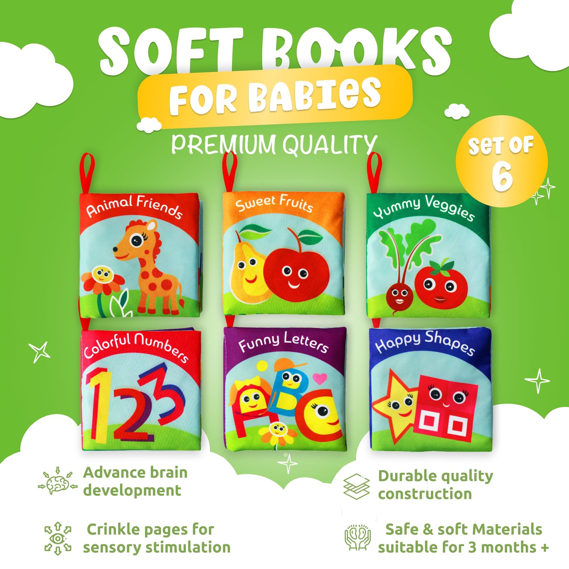 BabyBibi Soft Cloth Books for Babies (Set of 6): Crinkle Touch & Feel Sensory Books for Newborns 0-12 Months, Non-Toxic Washable Baby Books, Tummy