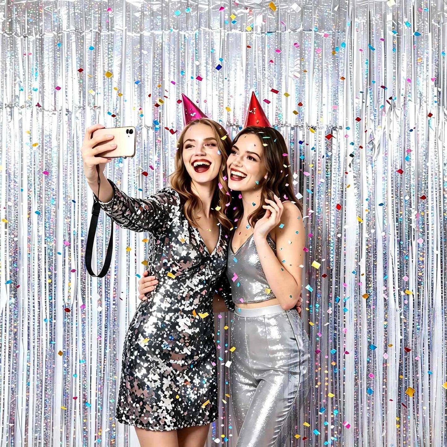 VIEBOUTI 3 Pack Silver Tinsel Fringe Backdrop Curtain, Silver Foil Streamer for Party Decor, Birthday, Wedding, Graduation, Christmas, Holiday Party