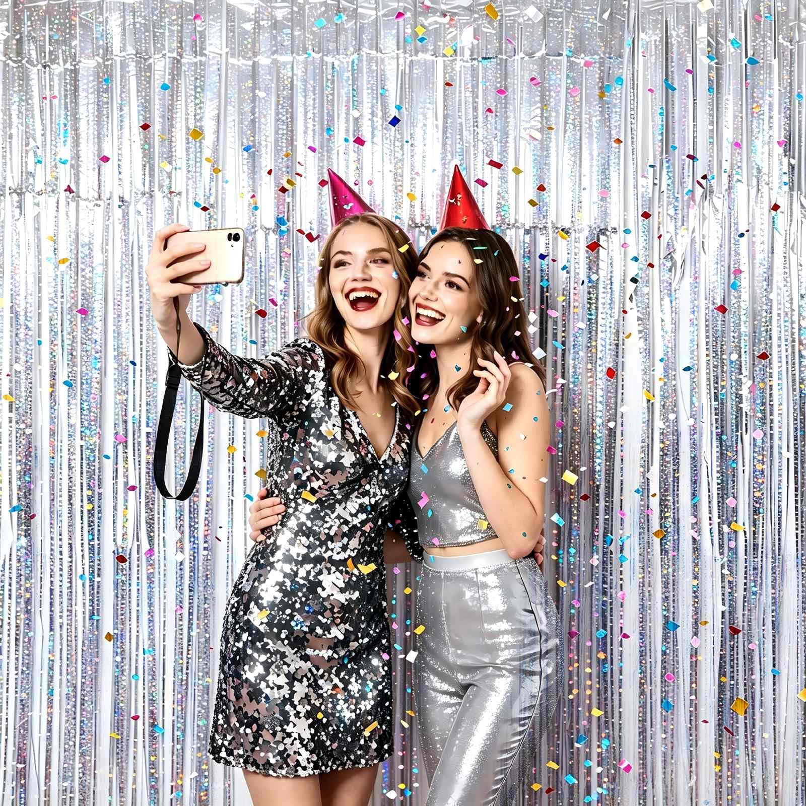 VIEBOUTI 3 Pack Silver Tinsel Fringe Backdrop Curtain, Silver Foil Streamer for Party Decor, Birthday, Wedding, Graduation, Christmas, Holiday Party