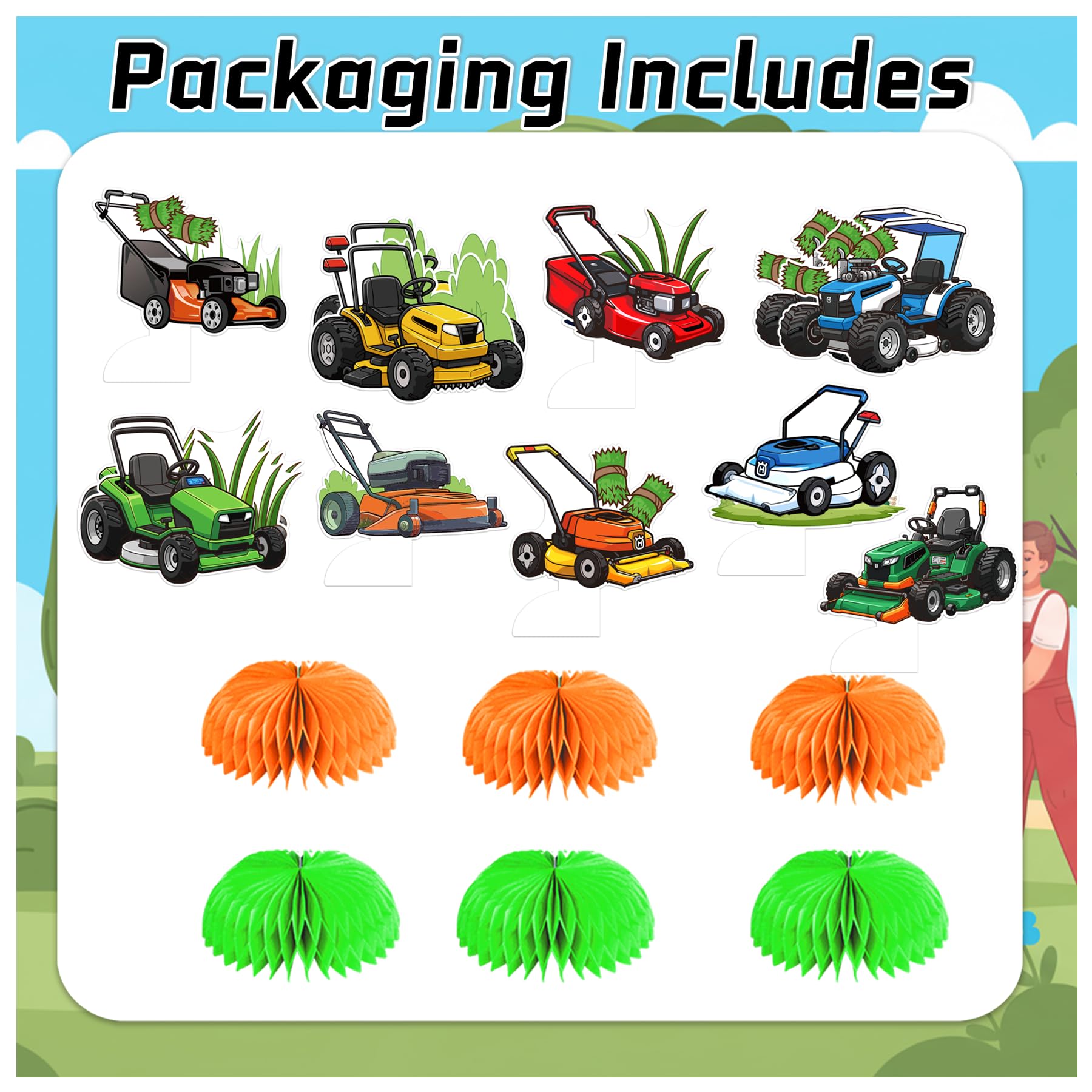 9 Pcs Lawn Mower Honeycomb Centerpieces Lawn Mower Table Decorations Lawnmower Party Decorations for Lawn Mower Birthday Party Supplies