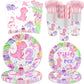 211 Pcs Dinosaur 2nd Birthday Party Supplies, Girl Dino Two Rex Birthday Decorations, 20 Serves Include Paper Plates, Cups, Napkins, Tablecloth, Cake