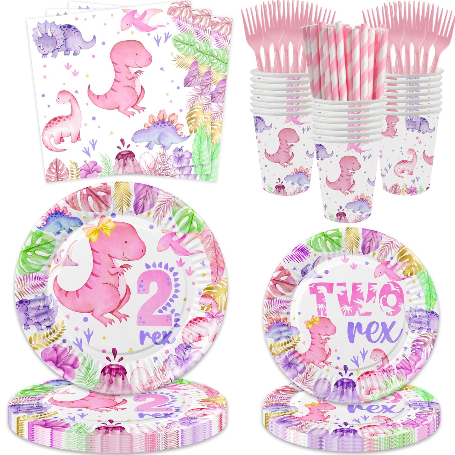 211 Pcs Dinosaur 2nd Birthday Party Supplies, Girl Dino Two Rex Birthday Decorations, 20 Serves Include Paper Plates, Cups, Napkins, Tablecloth, Cake