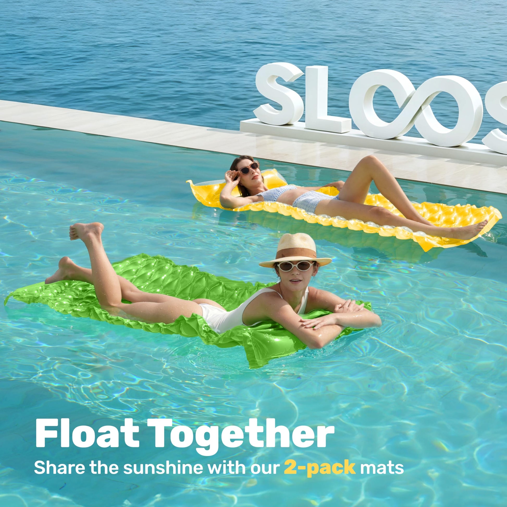 SLOOSH Inflatable Pool Floats Raft,Floating Lounge for Adults,64x32 inch Swimming Mat Pool Mattress with Headrest,2 Pieces Float Air Mat for Summer