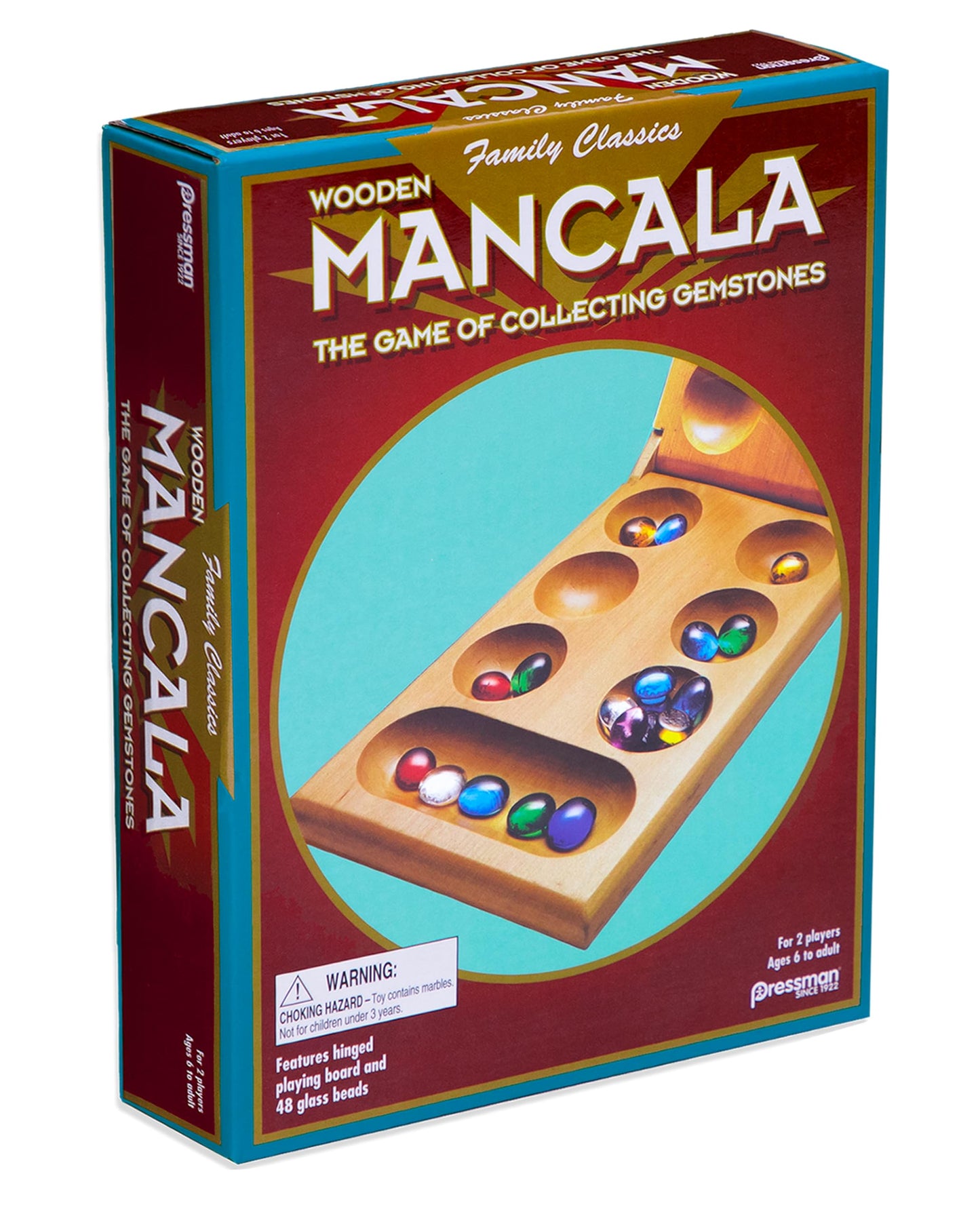 Pressman Mancala Board Game | Fun Classic Table for Adults & Kids | Includes 48 Glass Mancala Stones and Wood Hinged Playing Board | 2 Players, Ages