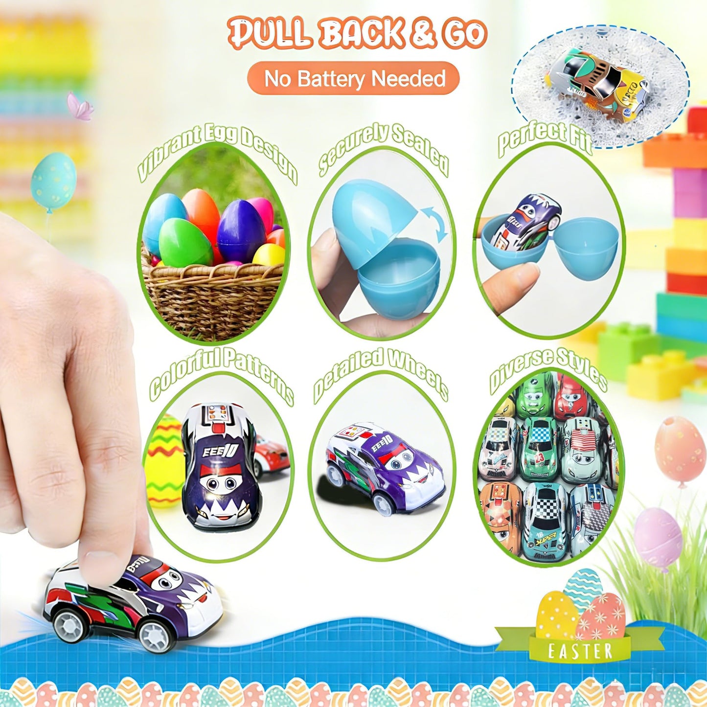 24 Pack Prefilled Easter Eggs Pull Back Cars,Mini Easter Race Cars for Kids Toddlers Egg Hunt Basket Stuffers Filler Surprise Egg Party Favor