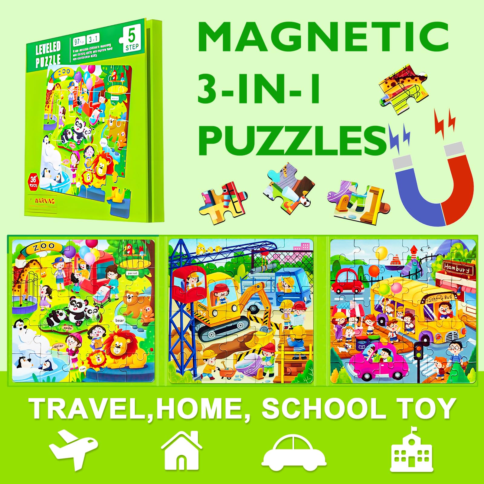 Magnetic Puzzles for Kids Ages 4-8, 3 in 1 Cartoon Jigsaw Puzzle Book, Toddlers Travel Puzzles Toys, Preschool Learning Toy for Children 3-8 Year