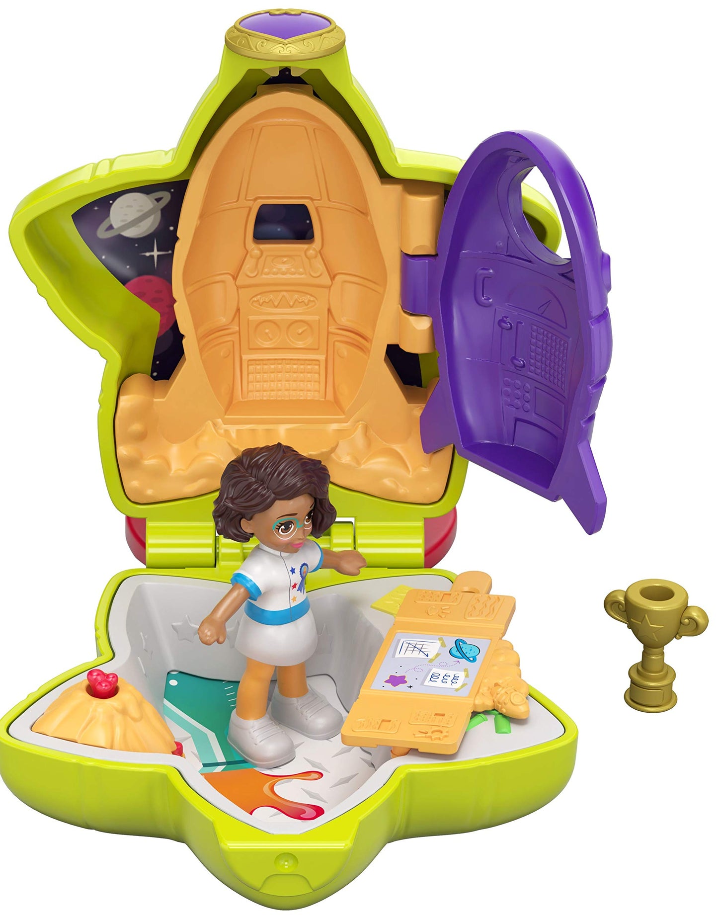 Polly Pocket Tiny Pocket Places Rockin’ Science Compact with Science-Themed Location, Micro Shani Doll, Surprise Reveals, Rocket, Volcano, Telescope