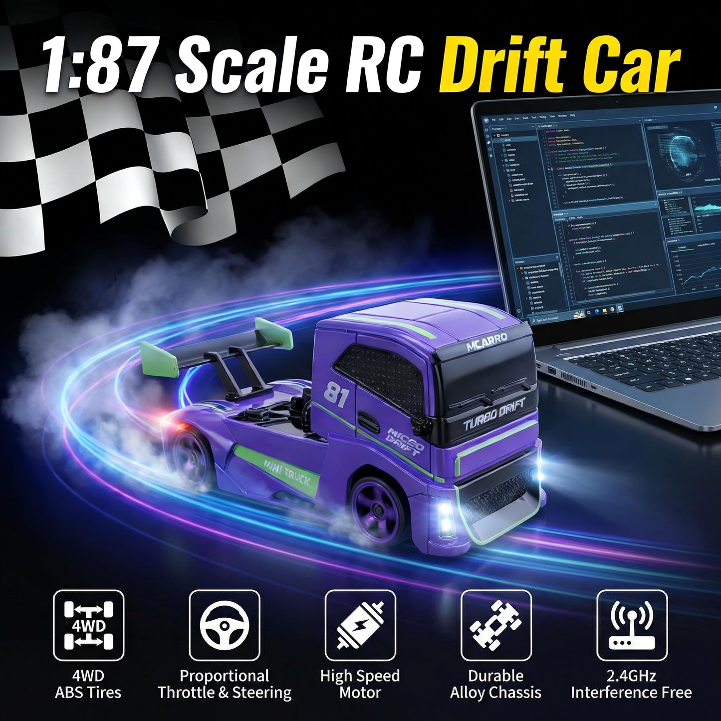 MCARRO 1/87 Scale Drift Rc Car - Semi-Truck Edition | 2.4GHz 4WD High-Speed Mini Remote Control Truck with Racing Lights (Gray)
