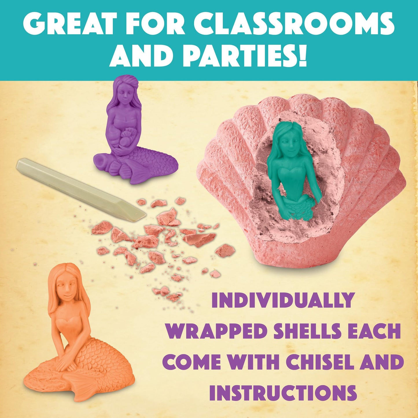 MindWare Dig It Up! Discoveries Mermaids - Dig Kits for Kids with 12 Sea Shells, Each with a Mermaid Toy Inside, 12 Chiseling Tools and Instructions