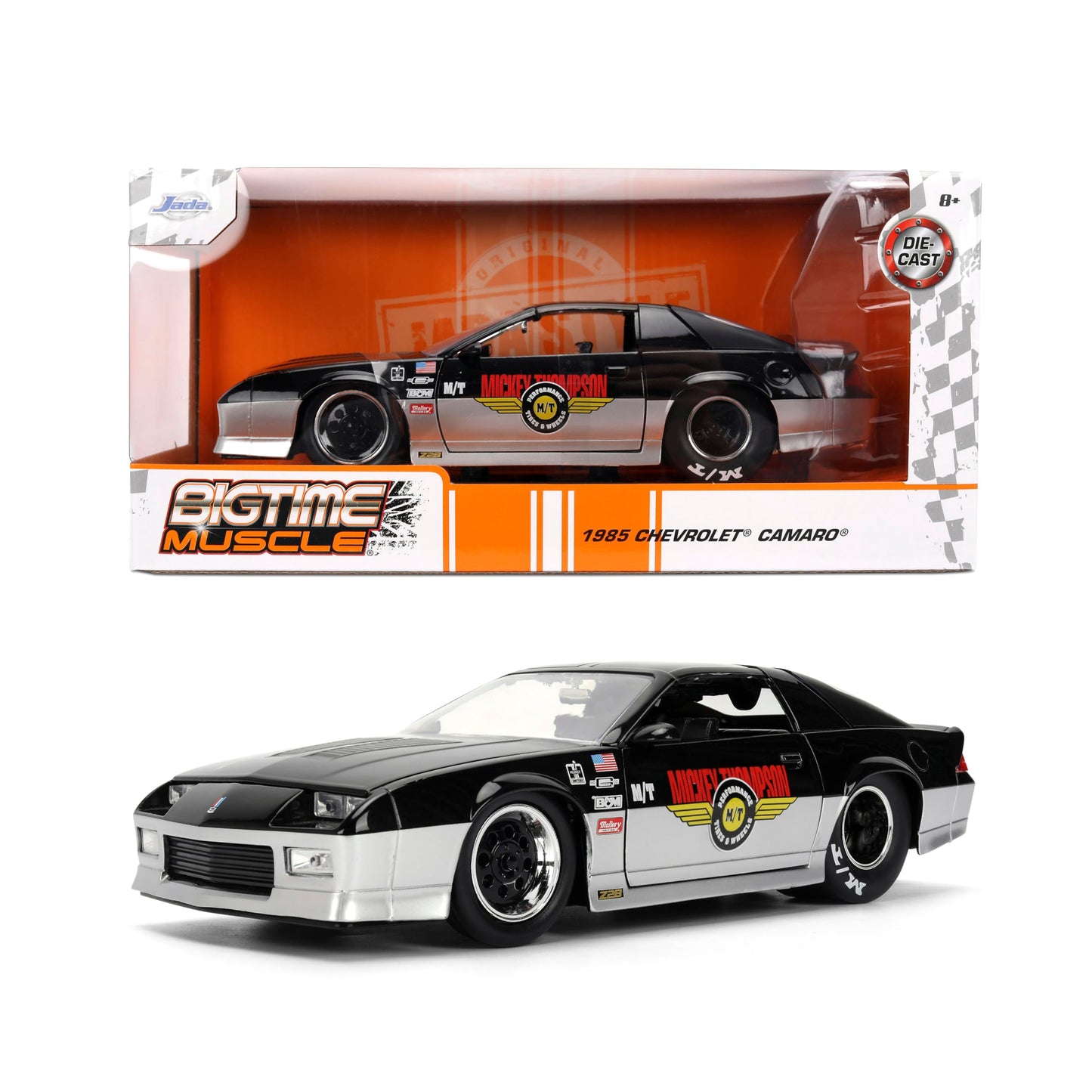 Jada Toys Bigtime Muscle 1:24 1985 Chevy Camaro Mickey Thompson Die-cast Car - Opening Doors, Hood, Trunk, Rubber Tires(Glossy Black/Silver)