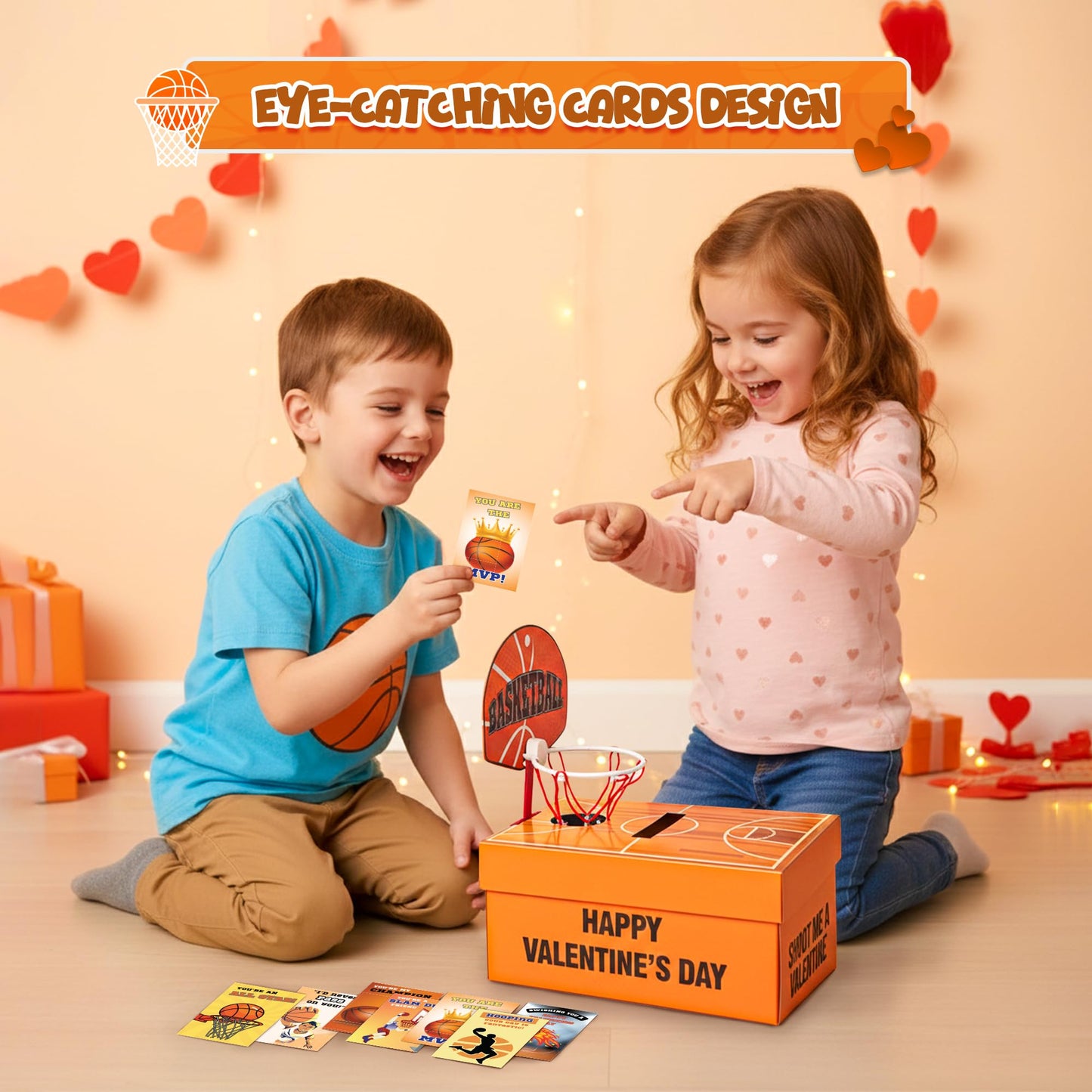 4E's Novelty Basketball Valentine Box with 32 Cards - DIY Basketball Valentines Box Kit, Valentines Card Box for Boys School, Valentines Cards