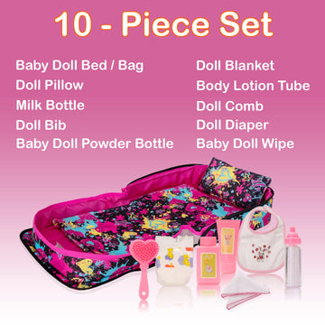 HappyVk - Baby Doll Bed - Portable Doll Bassinet - for Dolls up to 21 inches - Handbag for Girl - Baby Doll Set - Graffiti Design
