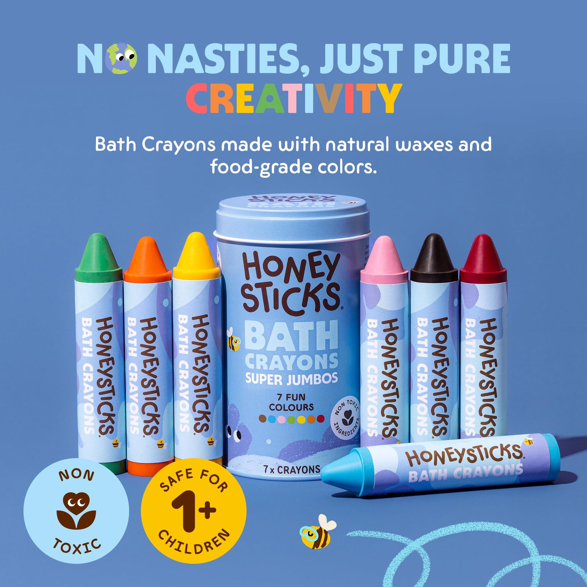 Honeysticks Super Jumbo Bath Crayons Non Toxic (7 Pack) for Toddlers 1-3 and Kids 4-8, Natural Beeswax Crayons, Food-Grade Colors, Fragrance Free, Non