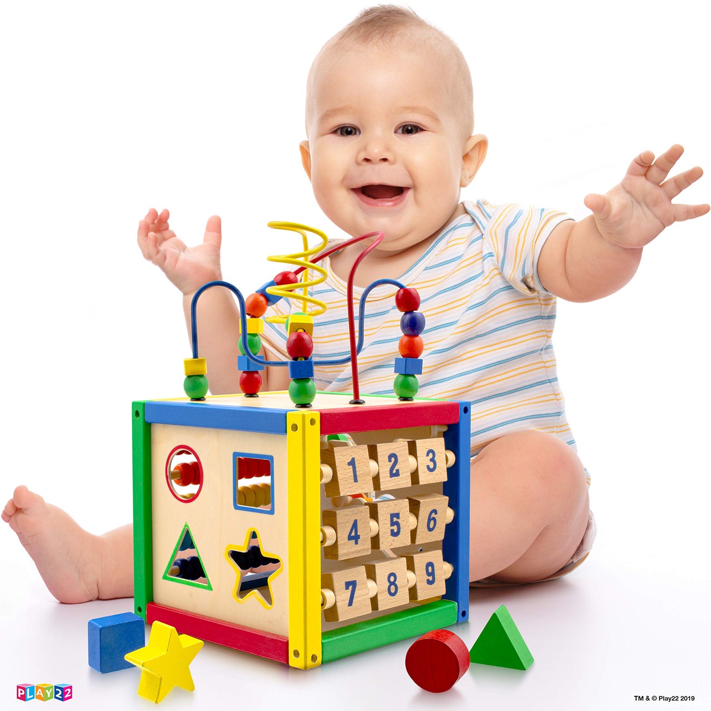 Play22 Wooden Activity Cube for Baby - 6 in-1 Baby Activity Play Cube with Bead Maze, Shape Sorter, Abacus Counting Beads, Counting Numbers, Sliding
