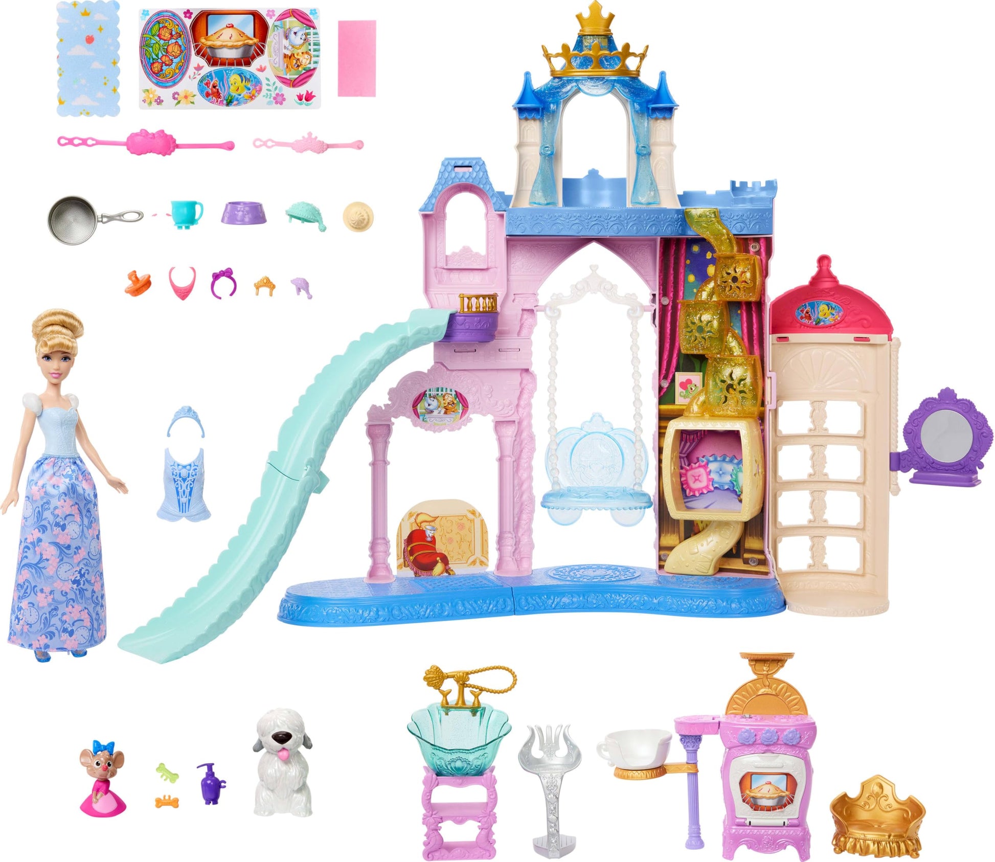 Mattel Disney Princess Pet Castle Playset & Cinderella Fashion Doll with 7 Play Areas, 2 Animal Friends, Furniture & 17 Accessories, Pet Palace