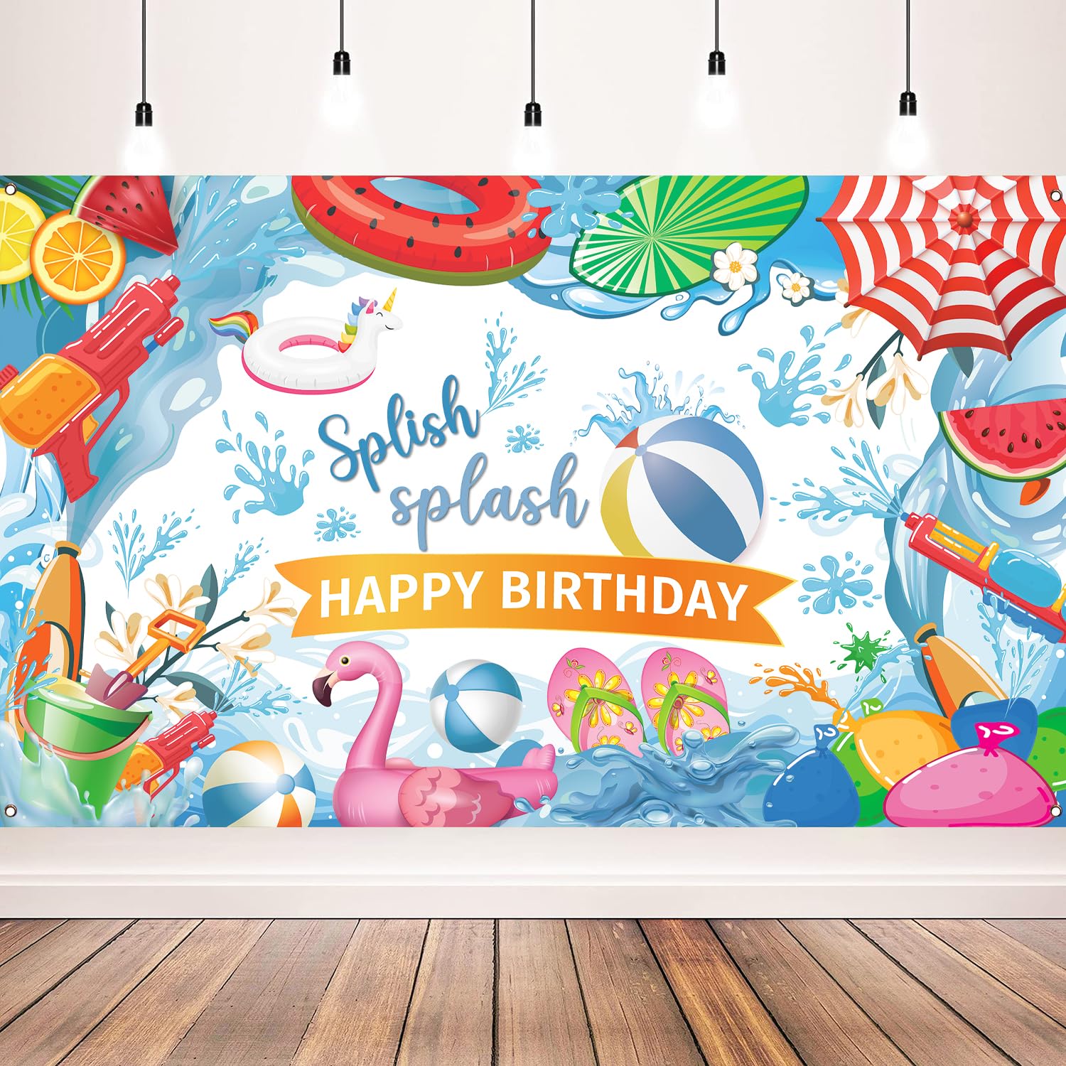 Splish Splash Birthday Backdrop, 71 x 43 Inch Pool Party Decorations Banner