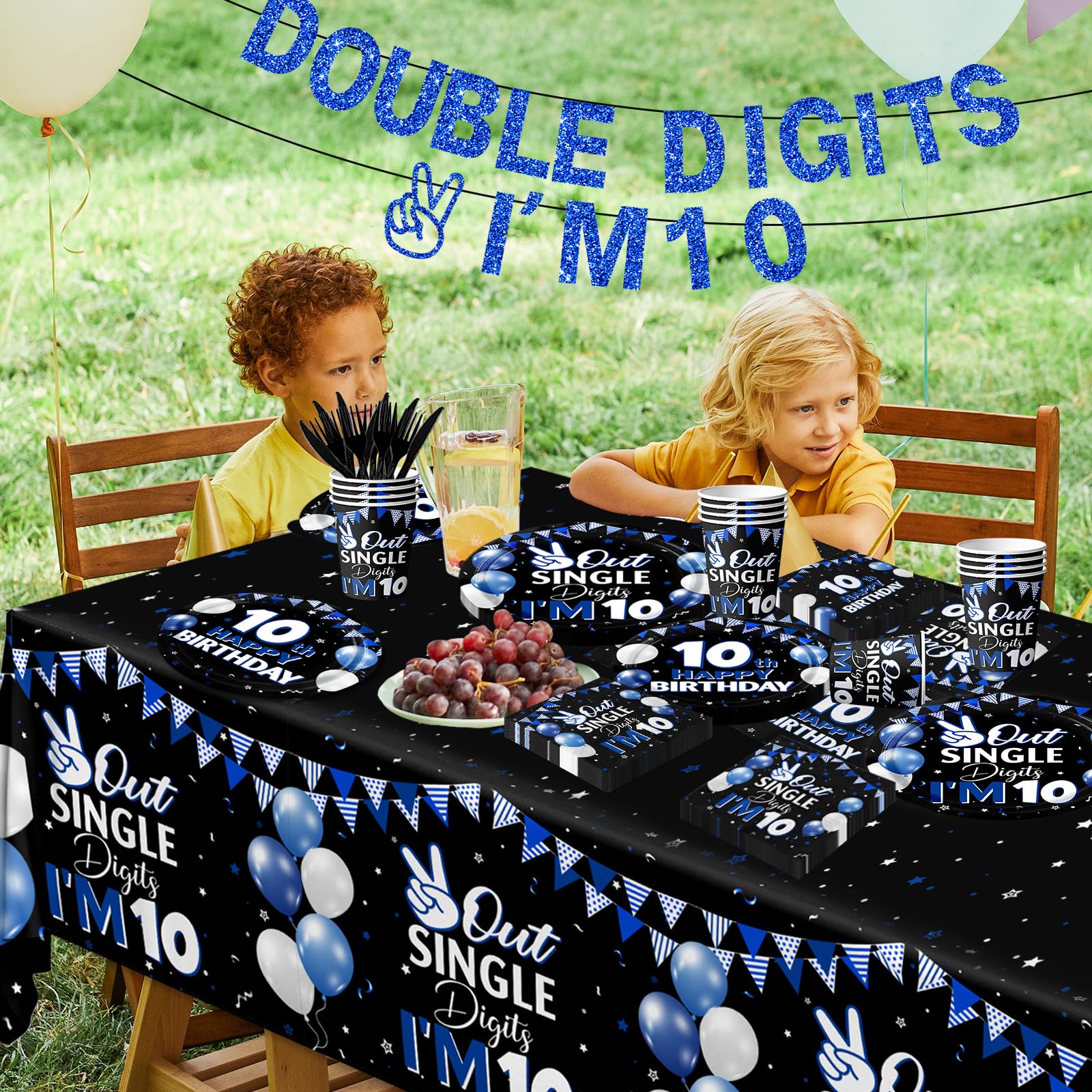 142pcs 10th Birthday Decorations for Boys,10 Year Old Birthday Decorations Tableware Double Digits Birthday Boy Plates and Napkins Cups Tablecloth