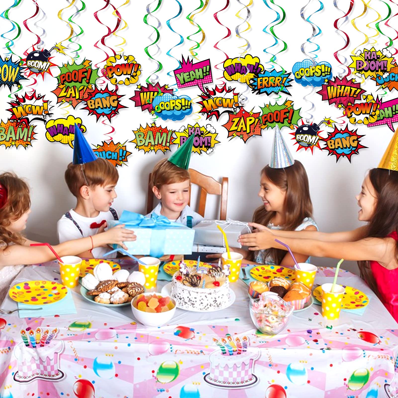 Superhero Hanging Swirls 30 Pack Hero Action Sign Foil Ceiling Hanging Swirls Streams Banner Decor Garland for Kids Superhero Baby Shower Celebrating