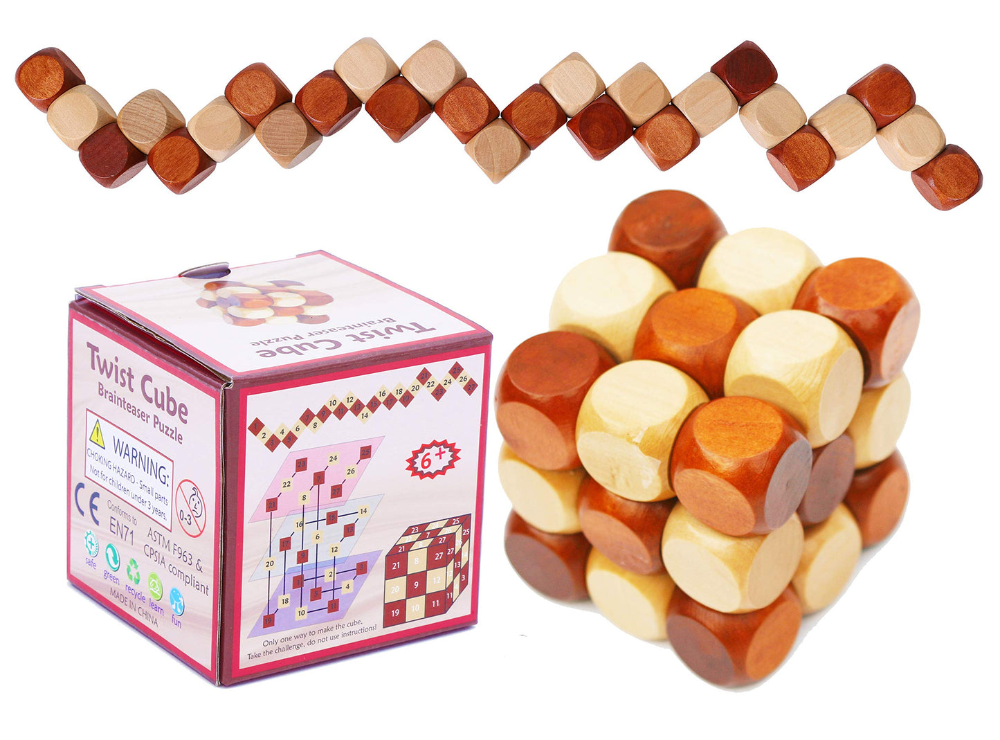 Wooden Twist Cube IQ Puzzle, Brain Teaser Puzzle for Kids and Adults