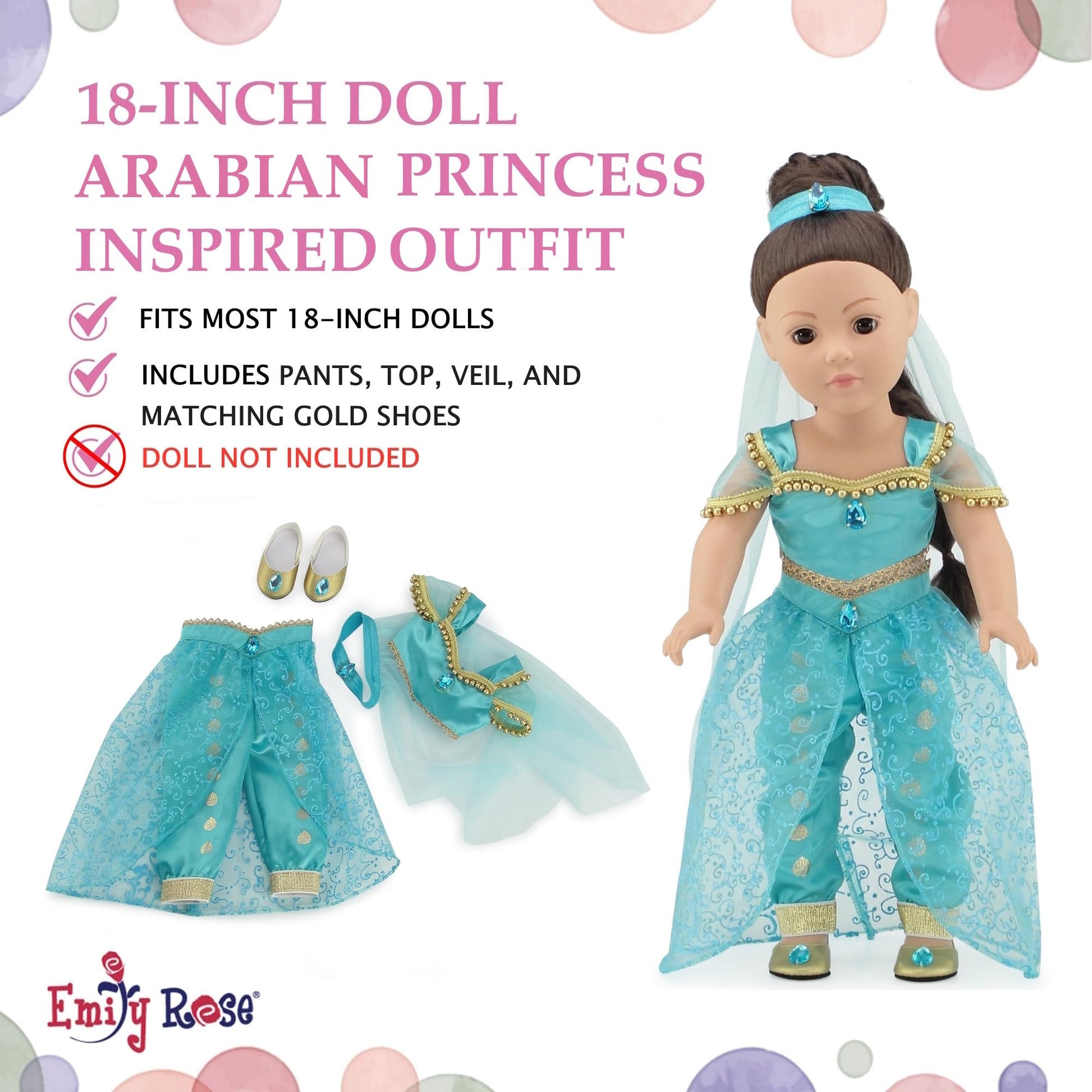 Emily Rose 18 Inch Doll Stunning 4-PC Jeweled Arabian Princess Gift Set for 5+ Girls | Includes 18" Doll Shoes and Hair Accessory! | Halloween Costume