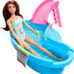 Barbie Doll & Pool Playset, Brunette in Seafoam Blue One-Piece Swimsuit with Pool, Slide, Towel & Drink Accessories