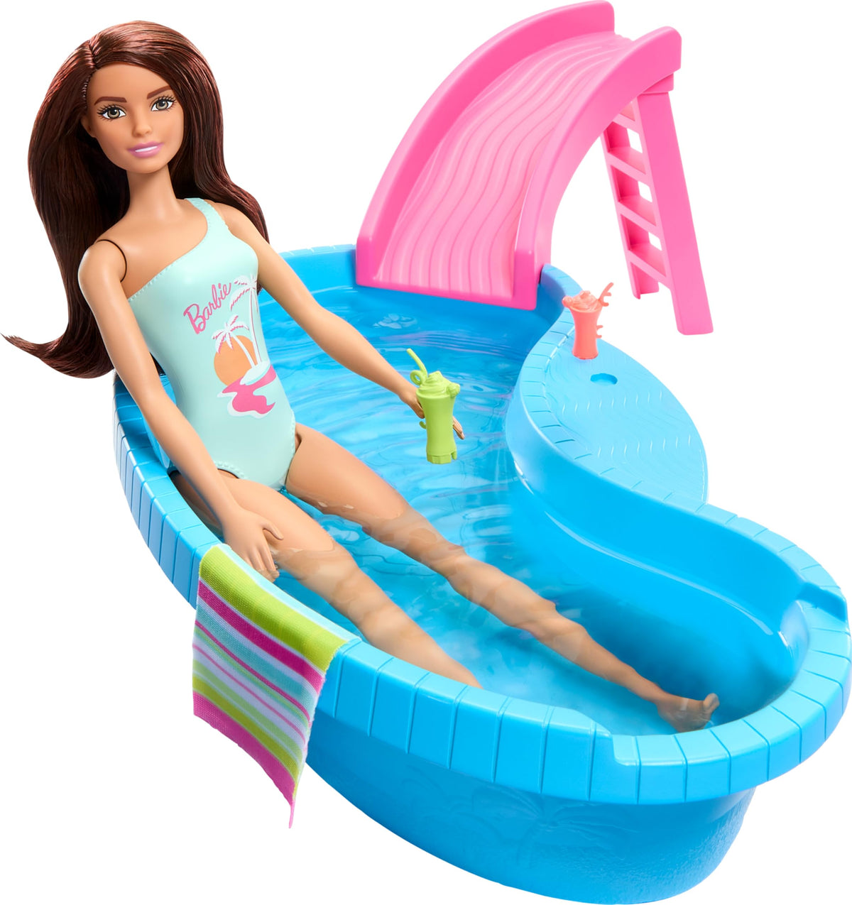 Barbie Doll & Pool Playset, Brunette in Seafoam Blue One-Piece Swimsuit with Pool, Slide, Towel & Drink Accessories