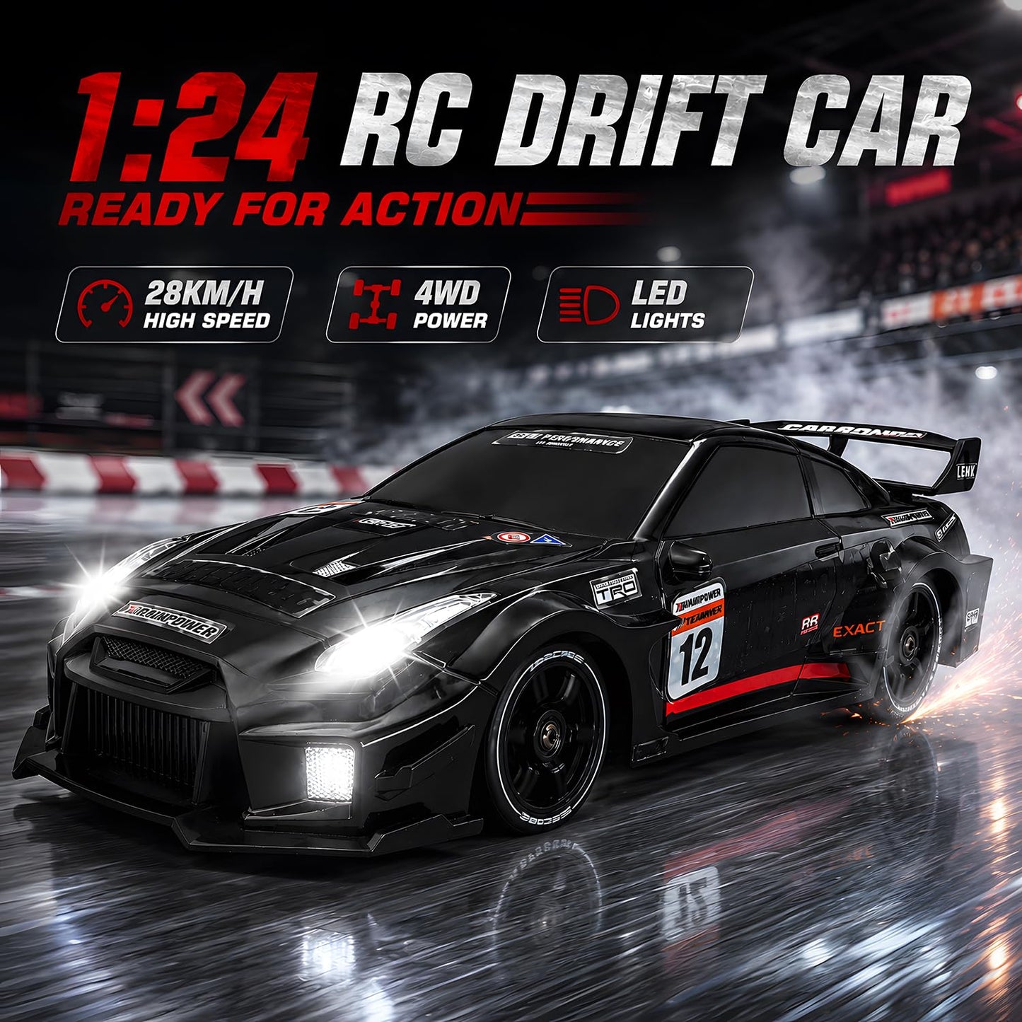 RCANGOL 1:24 RC Drift Car for Kids,4WD 2.4GHz 28KM/H High Speed Remote Control Car, Racing Sport Toy Car with LED Lights,Drifting Tires?Two Batteries