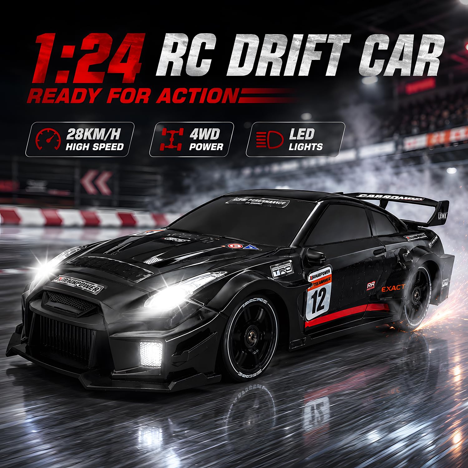 RCANGOL 1:24 RC Drift Car for Kids,4WD 2.4GHz 28KM/H High Speed Remote Control Car, Racing Sport Toy Car with LED Lights,Drifting Tires?Two Batteries