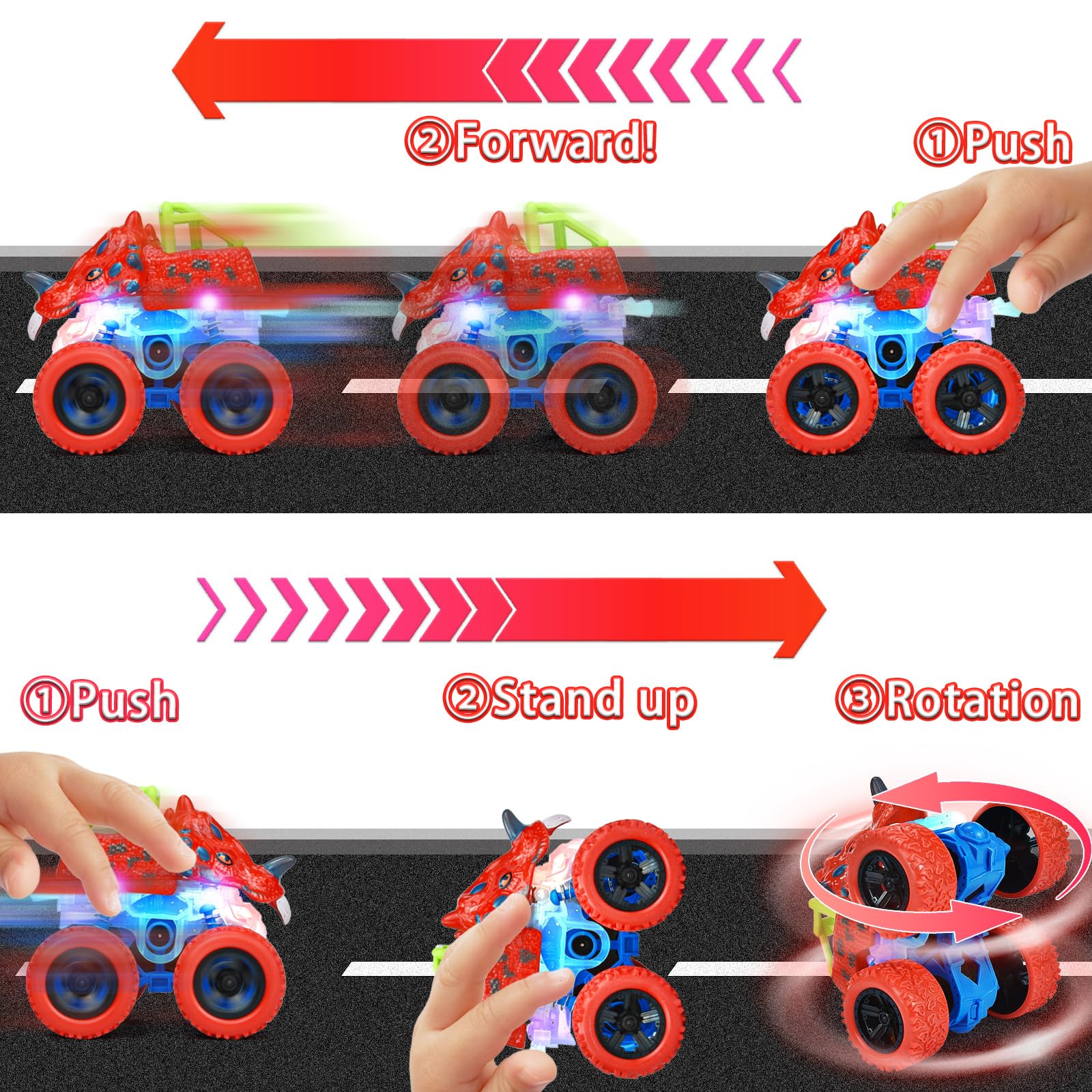 TQBYNJ Dinosaur Toy Gift for 2 Years Old Boys, Pull Back Monster Truck Toy Car, 360° Stunt Car for 2-5 Years Old Toddler, Christmas Birthday Party