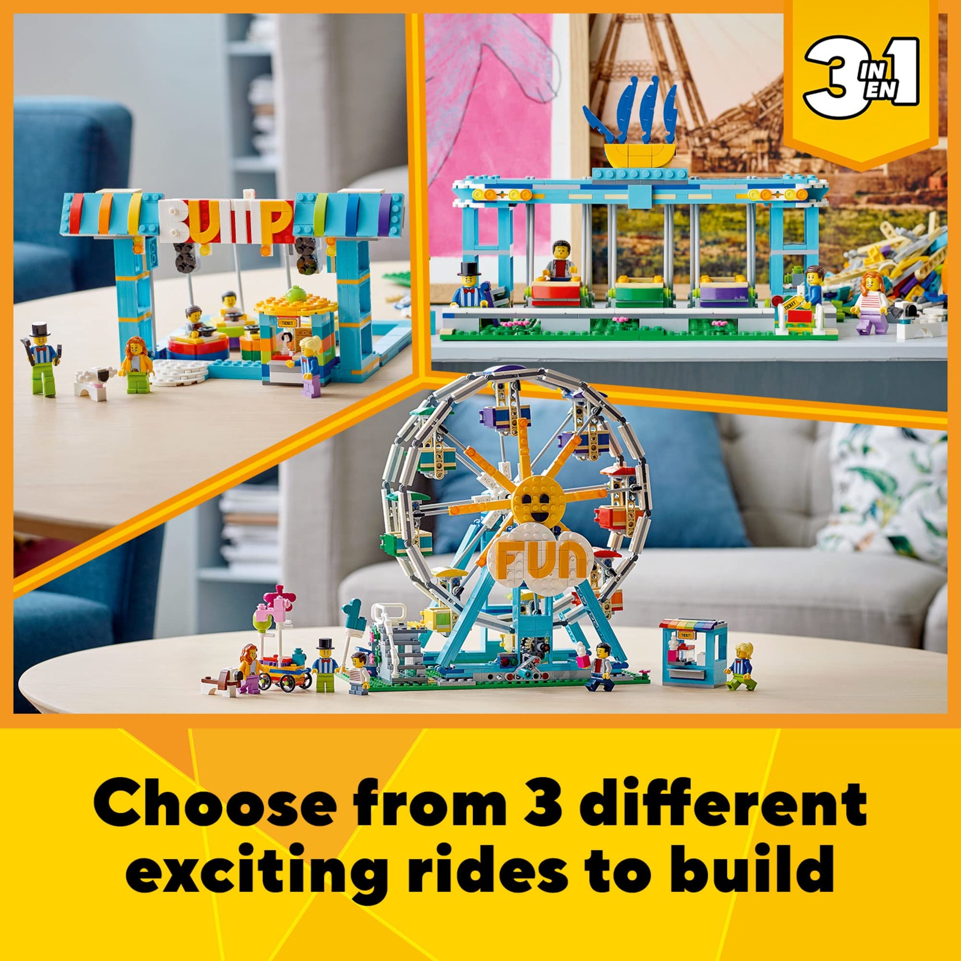 Lego Creator 3in1 Ferris Wheel 31119 Building Kit with Rebuildable Toy Bumper Cars, Boat Swing and 5 Minifigures; New 2021 (1,002 Pieces)