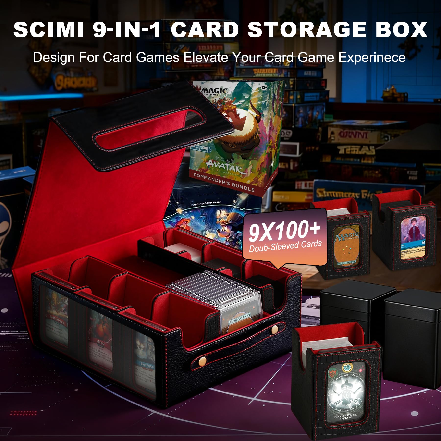 Scimi 9IN1 MTG Deck Box with Handle, Fits 1000 Trading Cards or 8 Commander Decks, Premium Black Red Leather TCG Storage Case with 8 Removable Trays