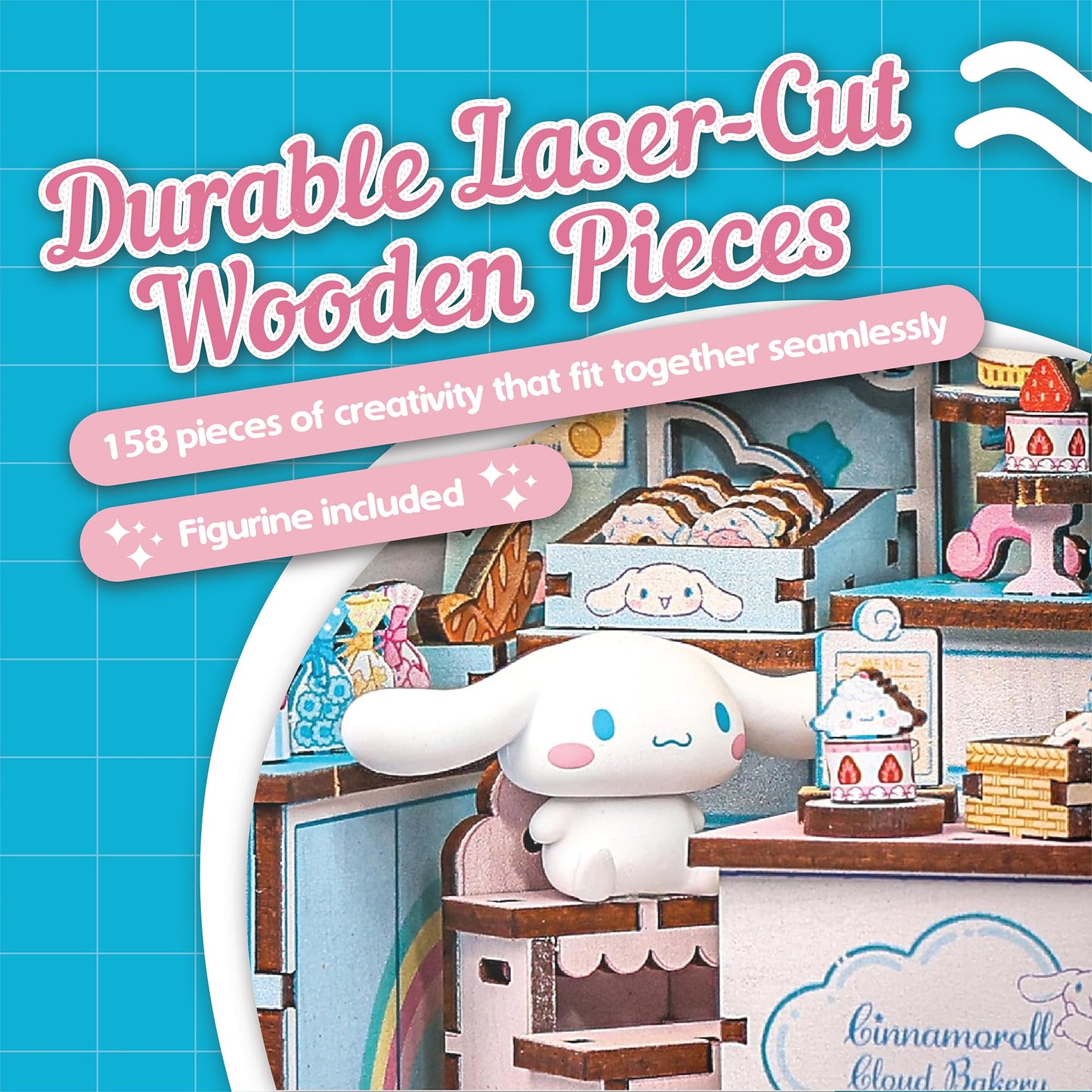 Hands Craft Cinnamoroll Cloud Bakery Book Nook Kit with Cinnamoroll Figurine - Kawaii 3D Puzzle with Touch Activated LED Lights - DIY Wooden Craft Kit