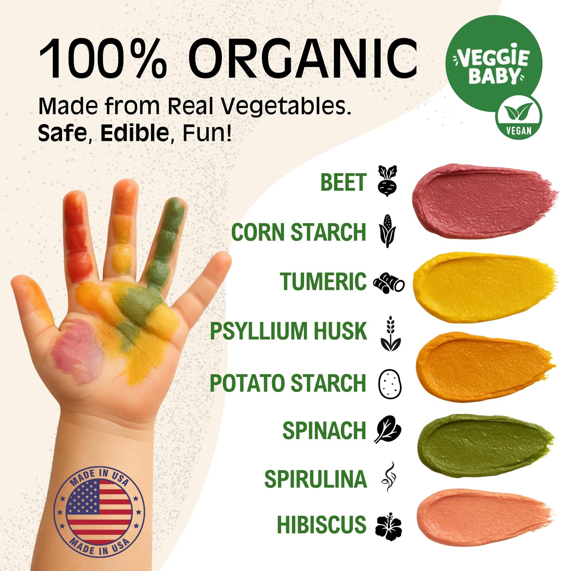 Veggie Baby Edible Finger Paint for Babies - Non Toxic Baby Safe Paint Powder, 5 Pouches, Vegan Vegetable Colors, Easy Clean, Made in USA, Creative