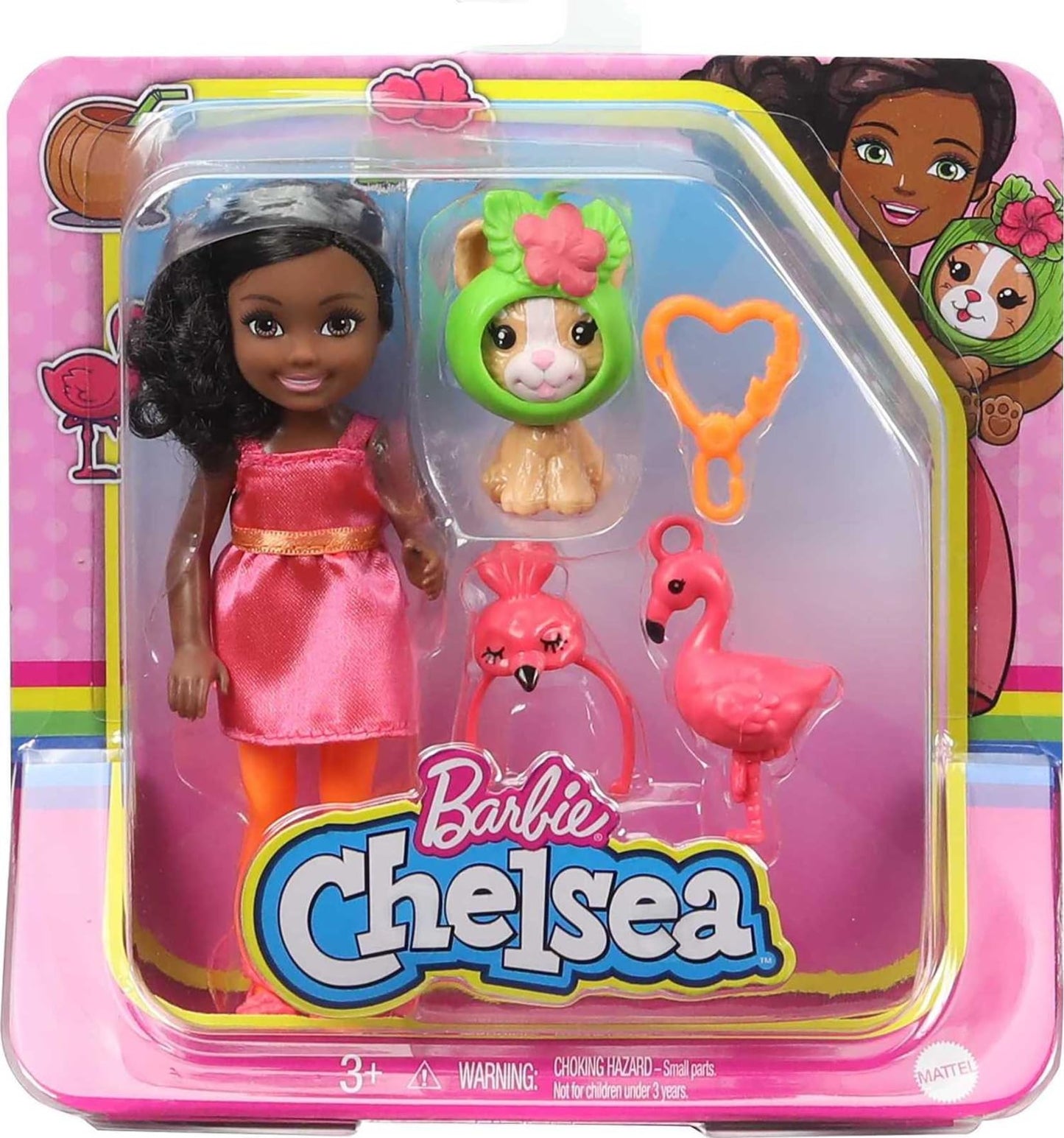 Barbie Club Chelsea Dress-Up Doll, 6-in Brunette in Flamingo Costume, with Pet Kitten and Accessories, Gift for 3 to 7 Year Olds