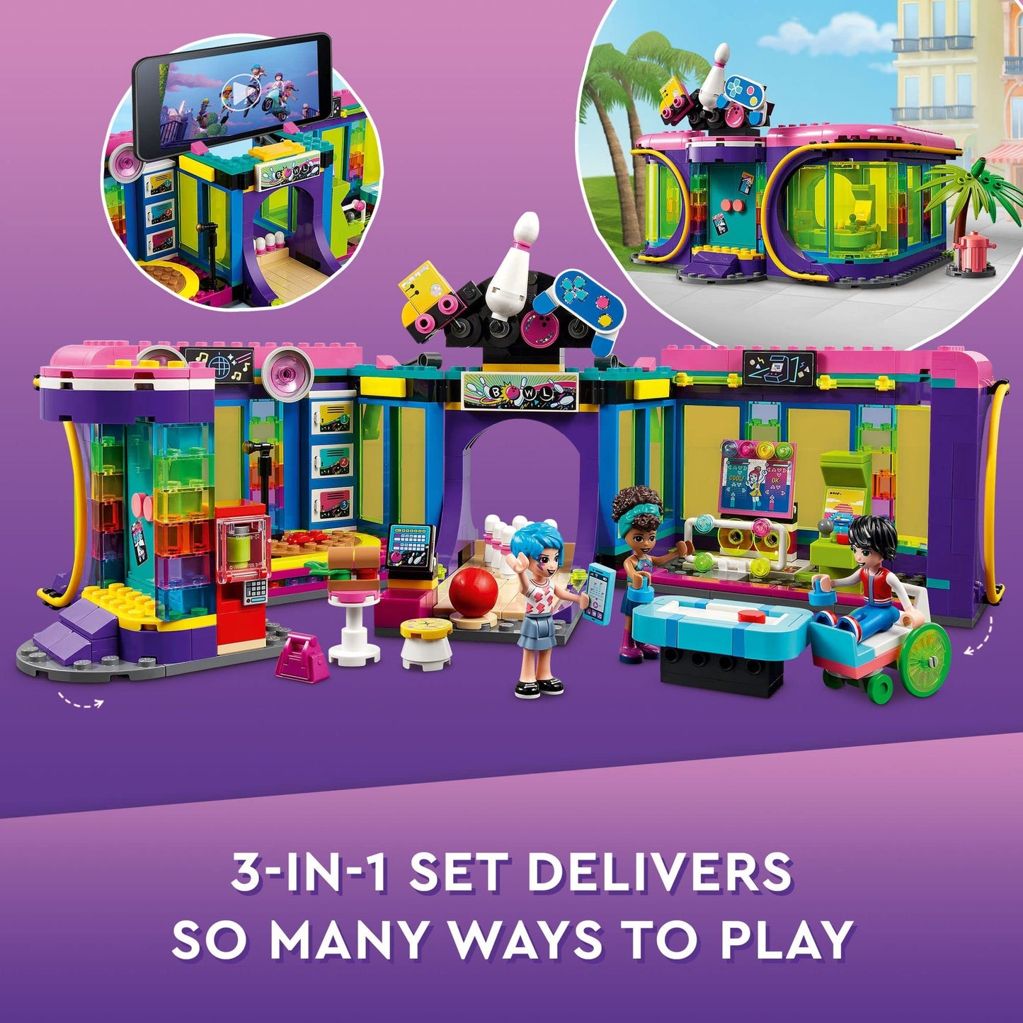 LEGO Friends Roller Disco Arcade Set 41708, Toy Bowling Game, Andrea Mini-Doll Included, Birthday Present Idea for Kids, Girls and Boys 7+, Fun